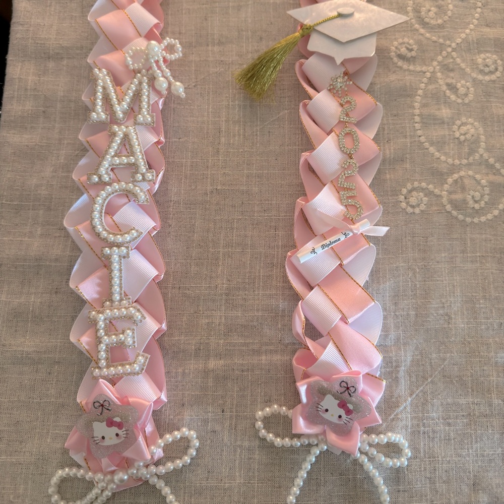 Graduation Lei with pearl coquette bow & accents Pink & White Ribbon custom made